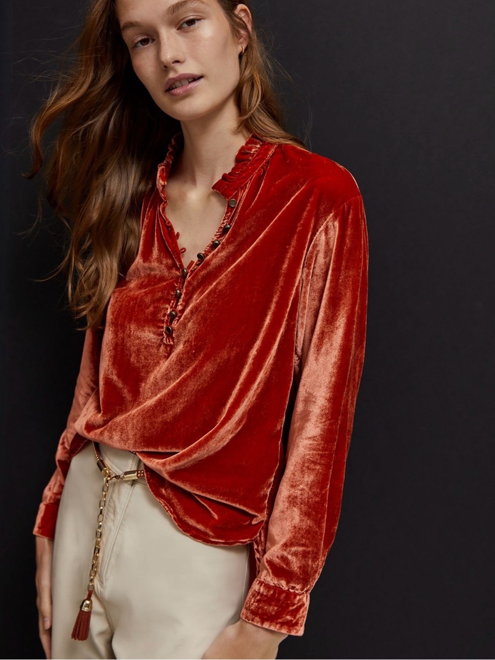 Anthropologie Kristianne Velvet Blouse in the burnt orange/rust Oversized Ruffle - Picture 1 of 10